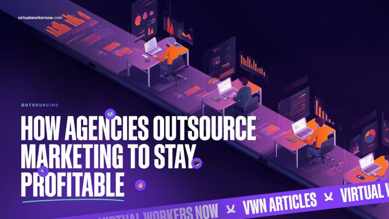 Illustration depicting multiple workstations with individuals collaborating on marketing strategies, emphasizing outsourcing for profitability in digital marketing agencies, with data visualizations in the background.