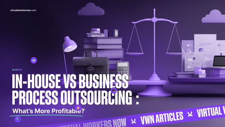 In-house vs Business Process Outsourcing comparison graphic featuring a balance scale, office supplies, and a briefcase, highlighting profitability in hiring strategies for SMBs.